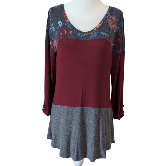 Maurices Tops - Maurices 24/7 Colorblock Floral Burgundy Gray High Low Hem Tunic Top Size Small